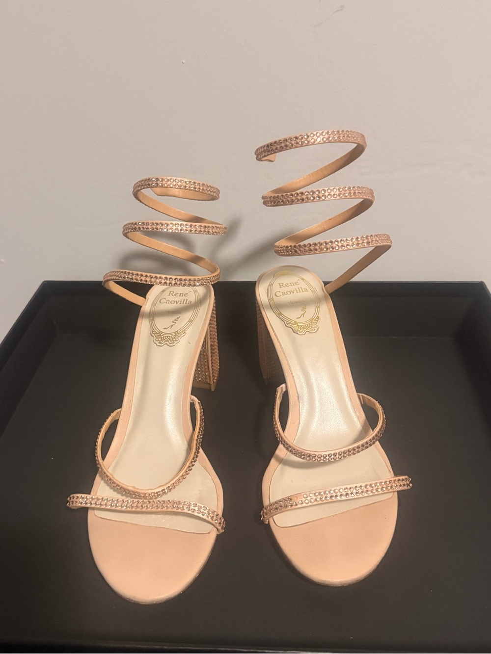 Rene Caovilla Cleo Rose Gold Crystal Spiral-Strap Block Heels
